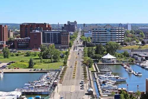 Erie Pa aerial view of city and road