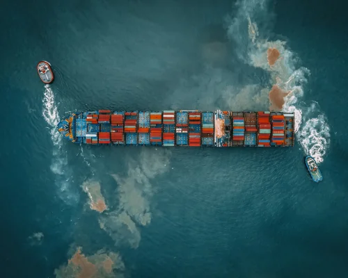 top down view of a fully loaded container ship