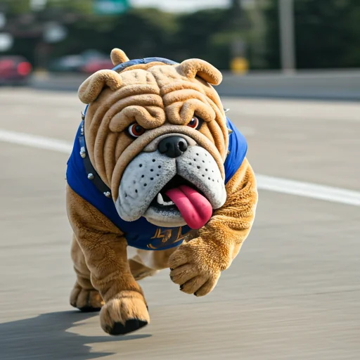 a bulldog mascot running down the freeway