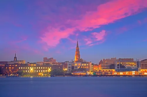 The Charleston skyline at sunset