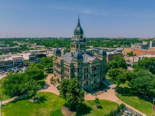 An aerial view of the beautiful Denton County courthouse.