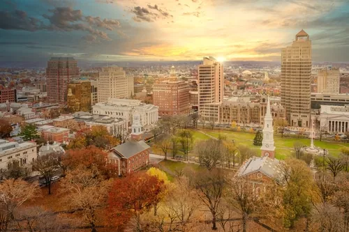 An aerial view of Downtown New Haven, Connecticut at sunset