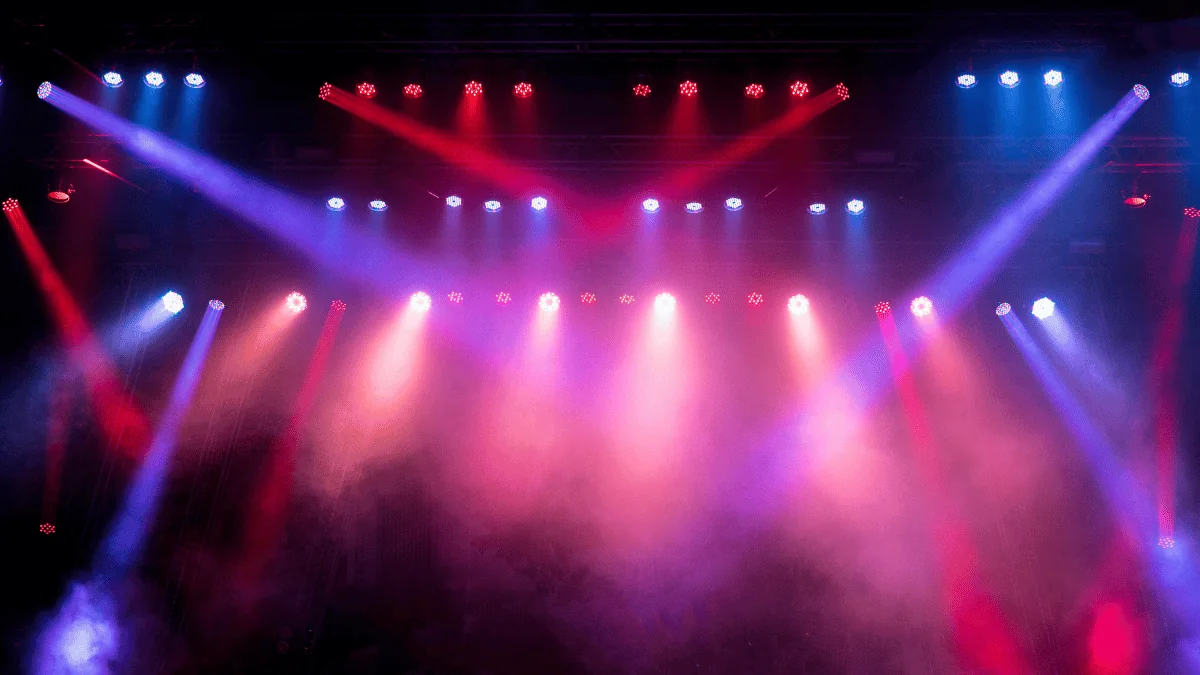 Colorful lights blaze on a concert stage