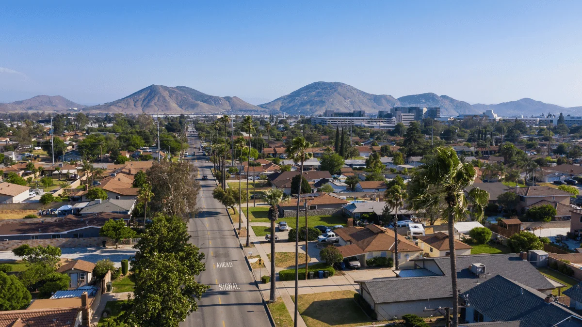 Fontana Freight Shipping aerial view of Fontana city center with mountains in the background