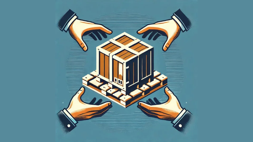 Freight Management Company graphic of two sets of hands reaching out to palletized crate in the center