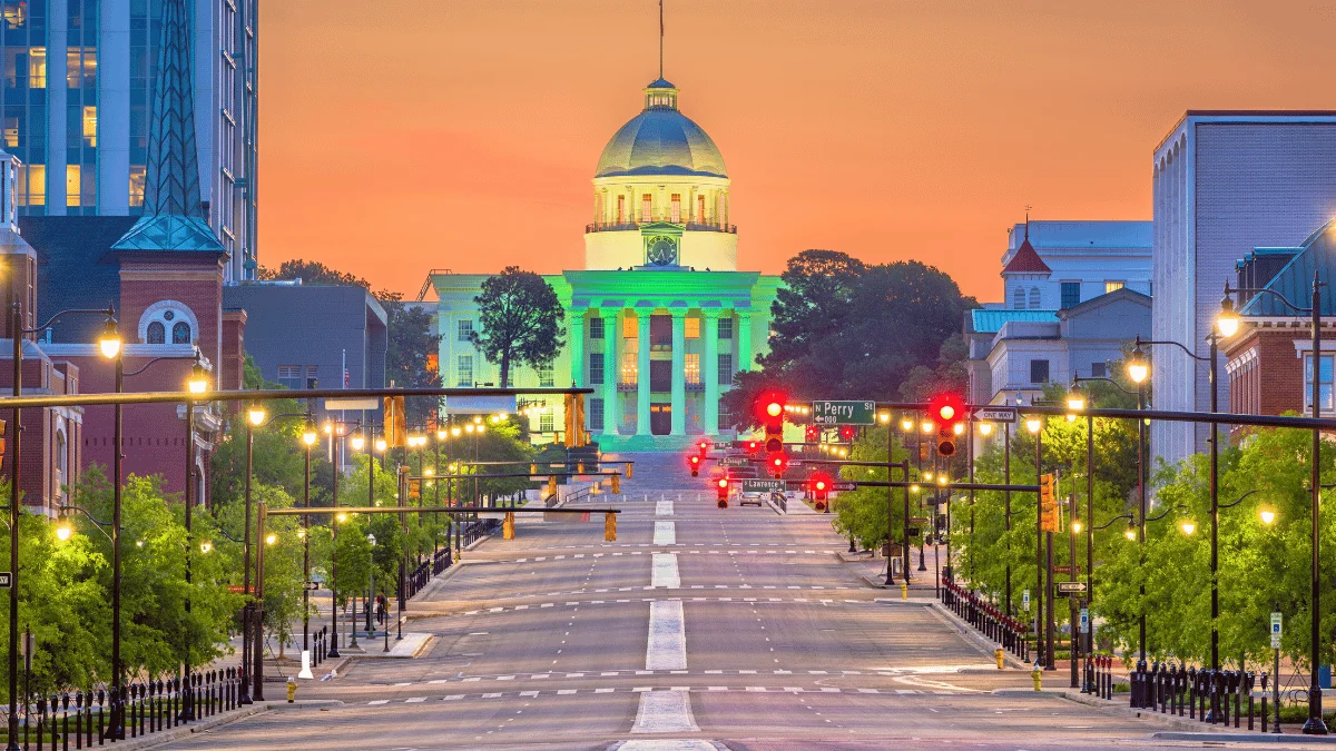 Montgomery Freight Shipping street view of Alabama state capitol building at the end of the road