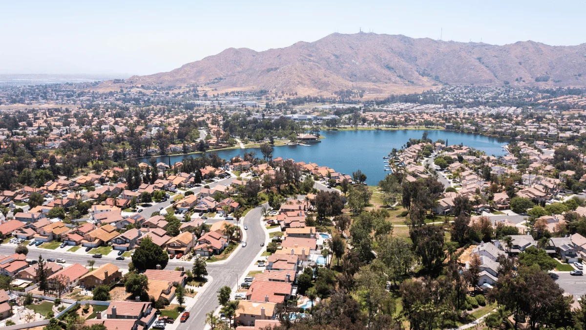 Moreno Valley Freight Shipping daytime aerial view of a suburban neighborhood in Moreno Valley