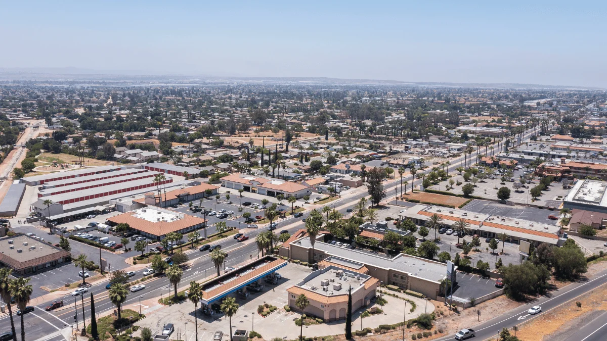 Moreno Valley aerial view of Moreno Valley central downtown area in the daytime