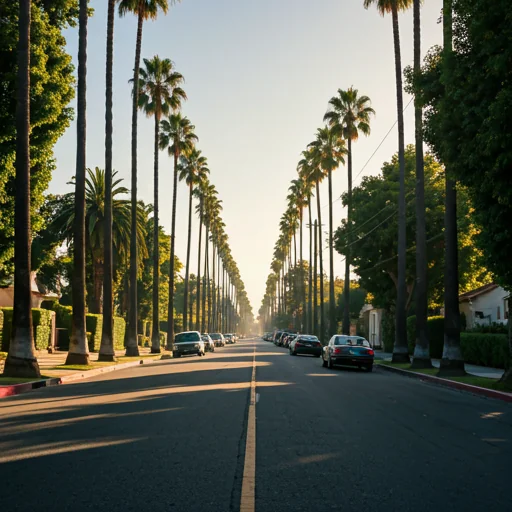 a sunny street flanked by palm trees in Downey CA