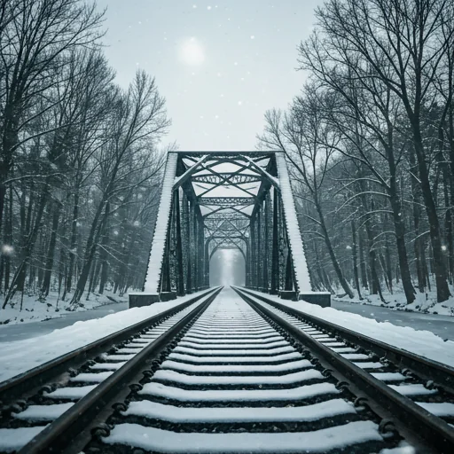 a snowy railroad bridge