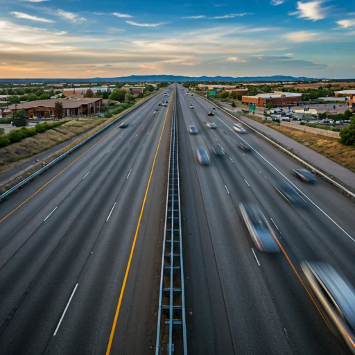 A photorealistic image of a bustling freeway in Colorado