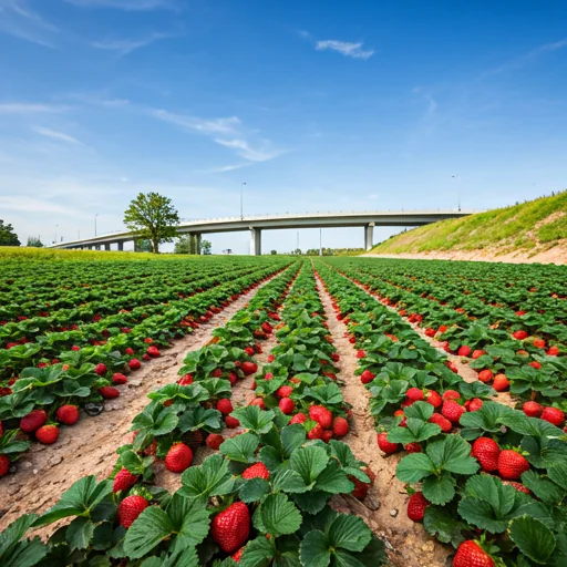 a freeway over a large strawberry field