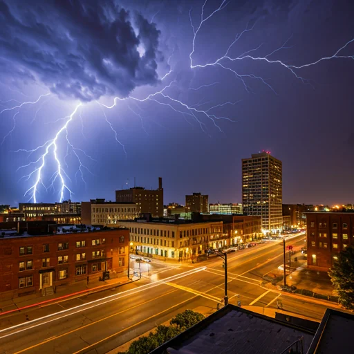 A photorealistic image of lightning striking the Scranton skyline