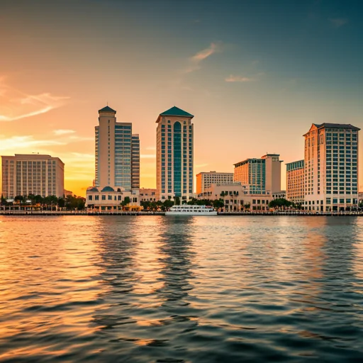 A photorealistic image of Port St. Lucie on the water, in the evening