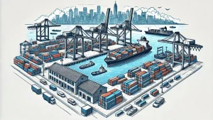 Top Challenges Freight Carriers Will Face in 2025 illustration of seaport near New York City harbor