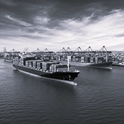 black and white photo of a cargo ship leaving a port