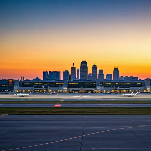 A photorealistic image of the Kansas City Airport at sunrise