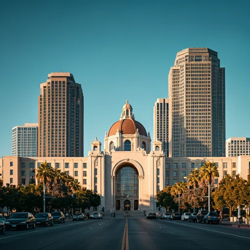 A photorealistic image of Pasadena, CA as the sun sets.