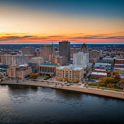 A photorealistic image of SIoux Falls South Dakota at sunrise