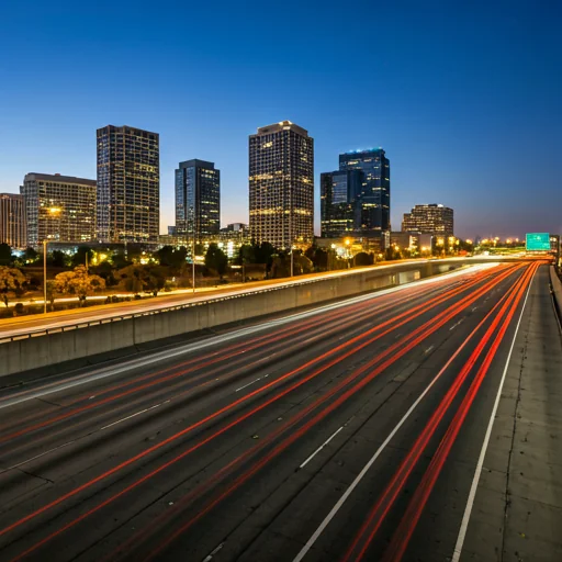 A photorealistic image of a freeway in Corona