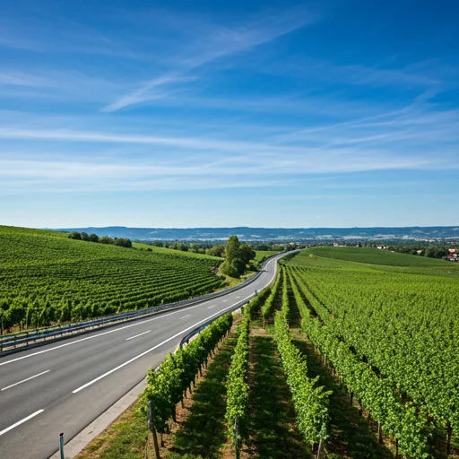 A photorealistic image of a freeway rolling through a vineyard