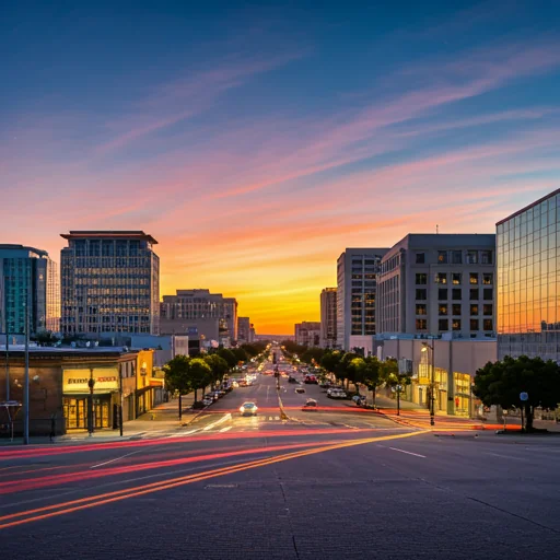 A photorealistic image of Fullerton at sunset