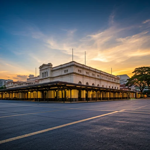 A photorealistic image of fullerton train station at sunset