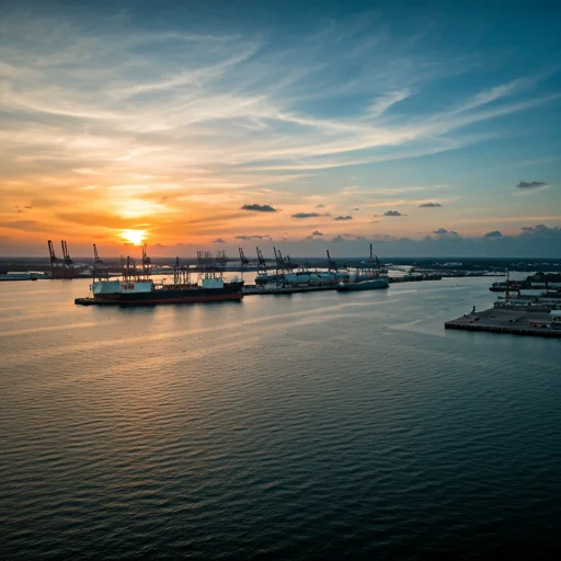 A photorealistic image of the port of Brownsville at sunset