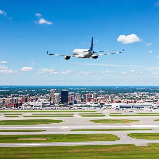 A photorealistic image of an airplane flying over Scranton