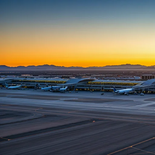 A photorealistic image of the Arizona Sky Harbor Airport at sunrise