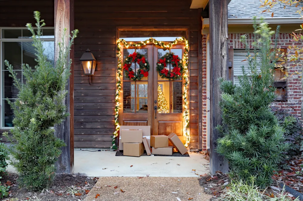 Packages delivered at festive front door