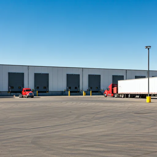 a distribution center with truck parked outside