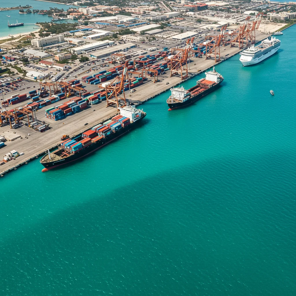 two container ships and one cruise ship docked at the Port Everglades