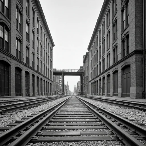 railroad tracks between two buildings 