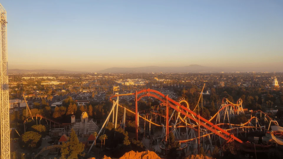 Buena Park Freight Shipping aerial view of Buena Park and Knott's Berry Farm roller coaster