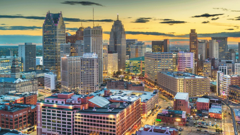 Detroit Freight Shipping aerial view of downtown Detroit at dusk