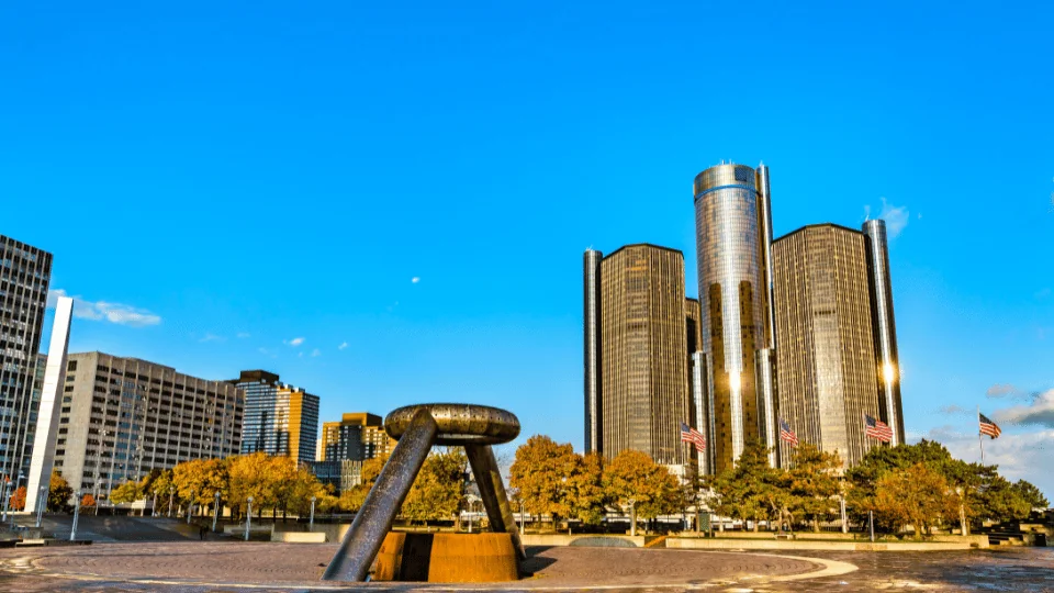 Detroit Freight Shipping view of Detroit skyline from Hart Plaza