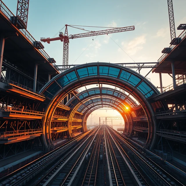 A construction site building a large futuristic tunnel