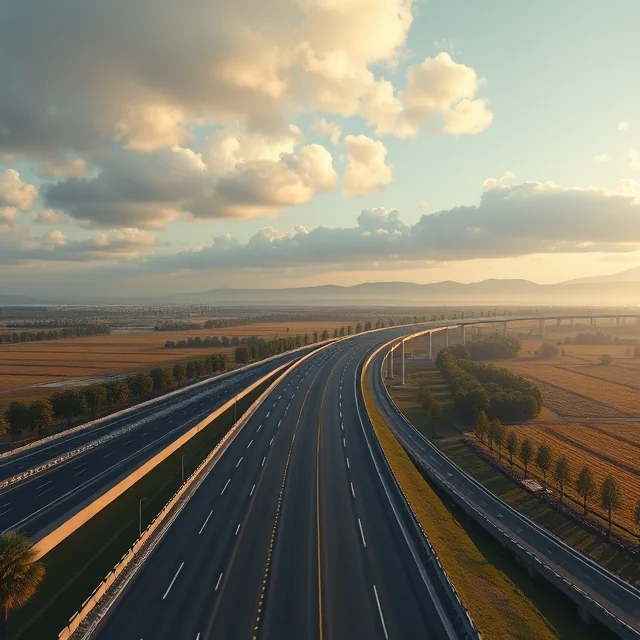 A long, wide, empty freeway, clear of the traffic of the past