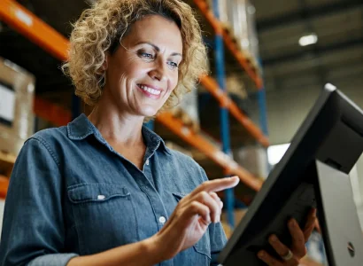 women in a warehouse running instant online quotes