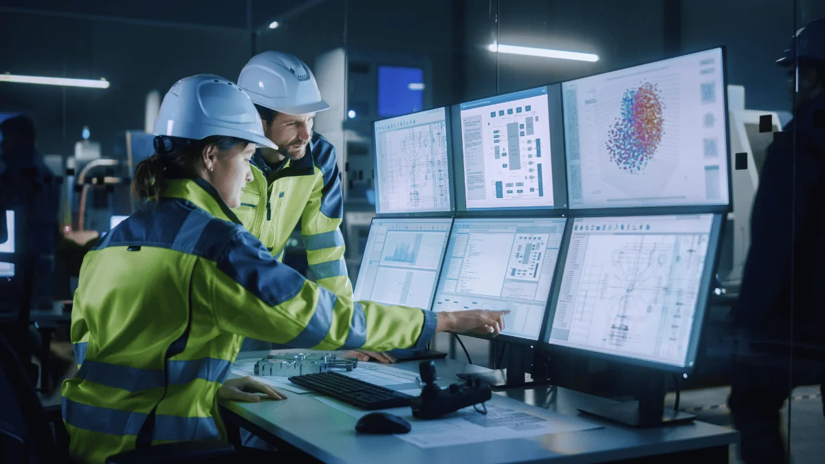 two engineers discussing AI and machine learning produced data on six computer monitors