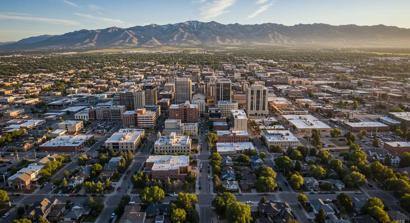 overhead view of the city of Ogden Utah during the day