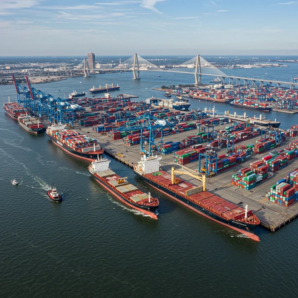 arial view containerships being loaded at the Port of Charleston