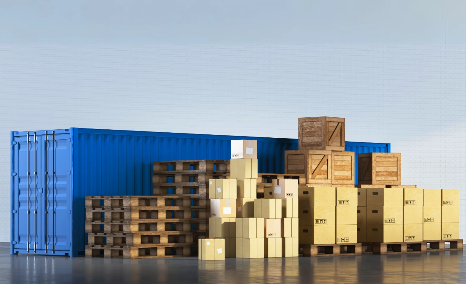 blue container with stacks on pallets and boxes in front of it