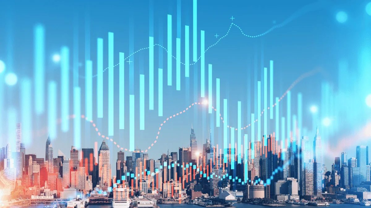 What Role Will Port Strikes Play in the Freight Market in 2025 stock bar graph graphic layered on image of New York City cityscape