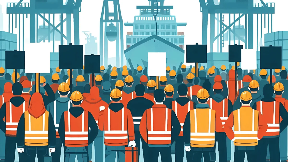 What Role Will Port Strikes Play in the Freight Market in 2025 vector illustration of port workers picketing in front of sea port 