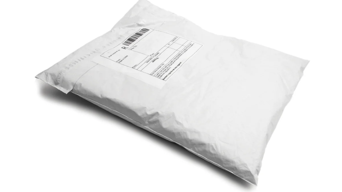 white plastic parcel bag with sender information on front