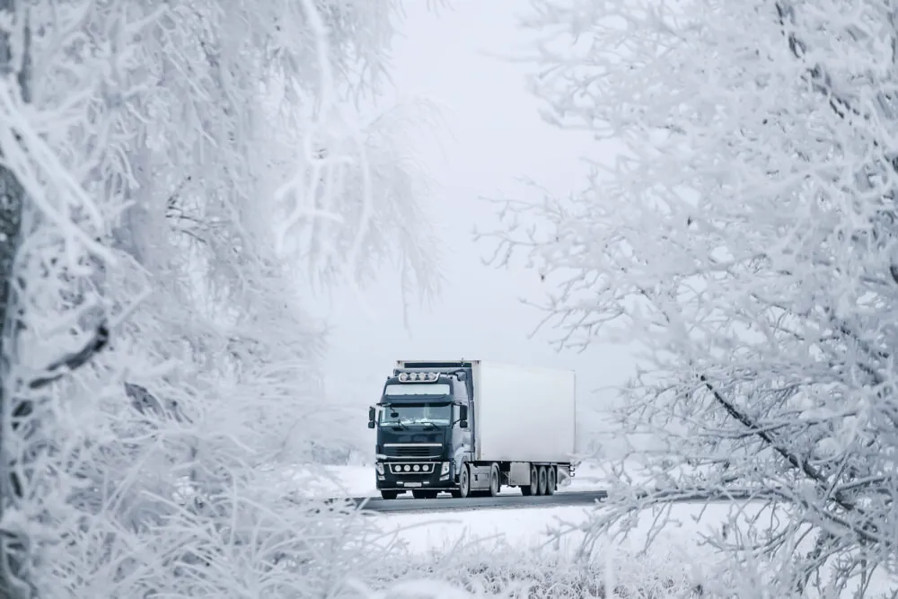 Winter-Driving-15-Tips-for-Drivers-semi-truck-driving-past-bare-trees-on-snowy-highway