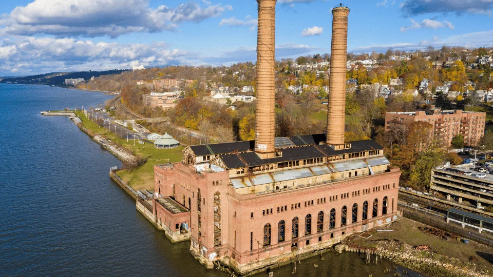 Yonkers Freight Shipping abandoned power plant overlooking railroad tracks and the rest of Yonkers on shoreline