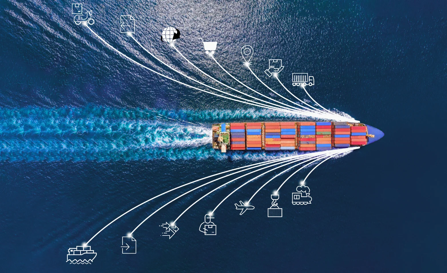 overhead view of a container ship on the open ocean with white icons around it representing logistics